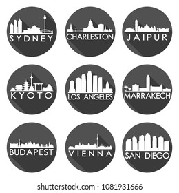 Romantic Set 2 Skyline Silhouette Icon Flat Vector Design Collection Round