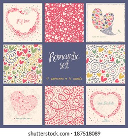 Romantic set with 4 seamless pattern 4 cute cards. 