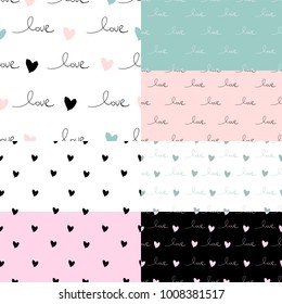 Romantic Set of 7 Seamless Patterns with hand written words Love and ink hearts. Happy Valentine's Day vector illustration trendy design. Backdrop for wrapping paper, invitations, greeting card