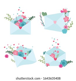 Conjunto romántico de sobres azules, carta de amor con muchas flores y corazones dentro, flores naturales de primavera coloridas. Amor diciendo, confesando o invitando a la boda. Vector aislado en blanco