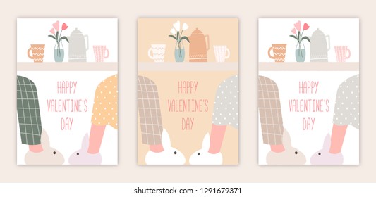 Romantic set cards of cute illustration for valentines day. February 14. Love, love story, relationship, kiss. Vector design concept.