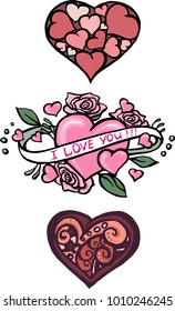 The romantic set of colorful hearts drawings for Valentine's day. The greeting card. The outline illustration isolated on a white background.