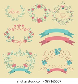 Romantic set with  colour labels ribbons  flowers eps 10