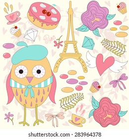 Romantic set with cute cartoon owl in Paris, cup of tea, cake, and Eiffel Tower.Vector illustration.