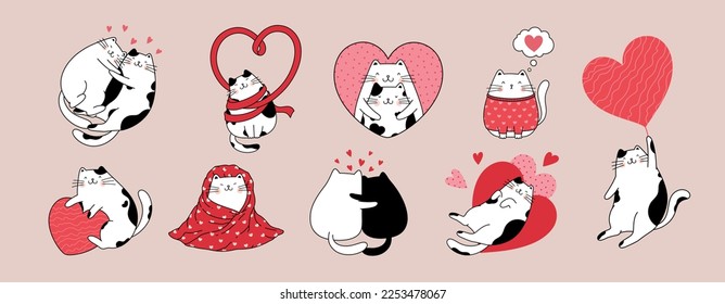 Romantic set of cute cats in love. Vector design concept for Valentine's day. Character illustration cartoon style.