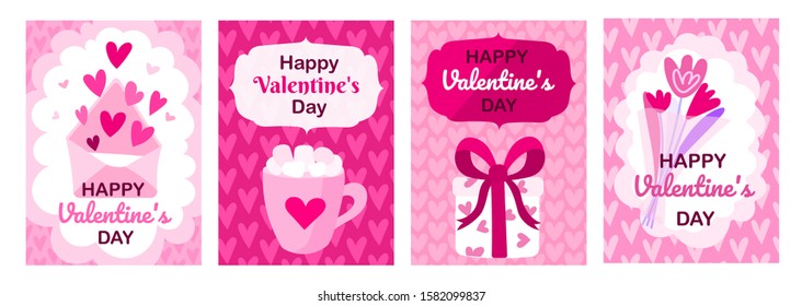 Romantic set of cute ready-to-use gift romantic cards with letter,flowers, gifts, cups with cocoa and love.Vector collection of printable valentines day cards,invitations,pink poster design template.