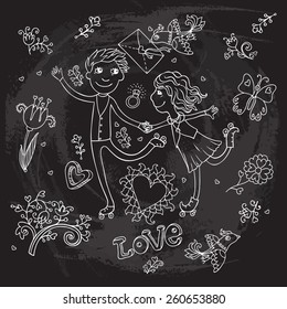Romantic set  with cute roller skate love couple, flowers, birds and love lettering. Can be used for cards, invitations, fabrics, wallpapers, stickers and decoration.