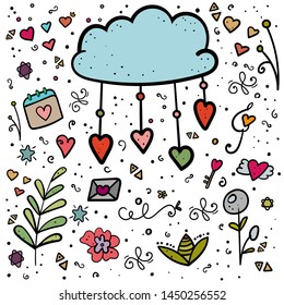 Romantic set. Declaration of love. Doodle elements for festive design: heart, cloud, envelope, dot, plant. Hygge. - Vector. Vector illustration