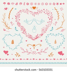 Romantic set of decorations for Valentine's Day. Vector floral elements, wreaths and borders. 