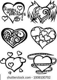 The romantic set of drawings for Valentine's day. The coloring book. The outline illustration isolated on a white background.