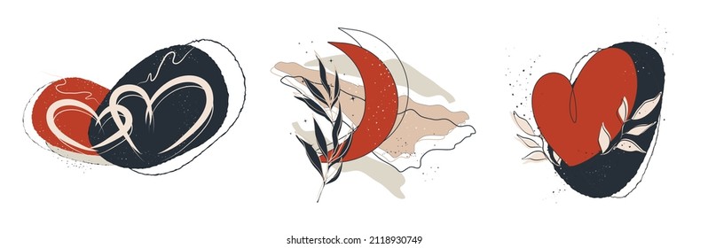 romantic set of element, heart with tropical leaf, moon. a hand-drawn element in boho style. a modern business card of minimalism. isolated object. vector art illustration for print, banner, postcard