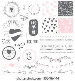 Romantic set with elements for design. Brushes, frames, seamless patterns and other elements. Vector illustration.