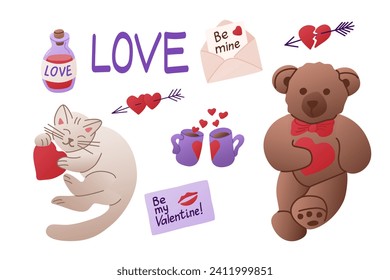 Romantic set of flat elements for Valentines day. Vector isolated items related to St Valentines day on white background. Teddy bear, cat, greeting card, love potion and hearts.