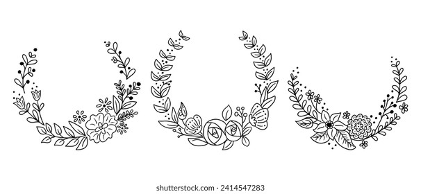 Romantic set of floral doodle wreaths or frames. Vector contour sketchy templates. Black outlines elements with flowers and leaves for for wedding, anniversary card, invitation on white background