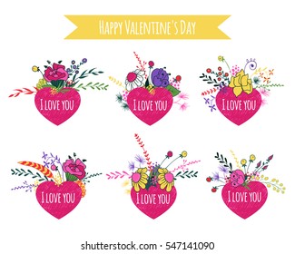 Romantic set with frames heart-shaped and flowers. Isolated on white background. Vector illustration.Element for design.