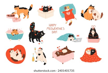 Romantic set of funny cats celebrating Valentine's Day. Сat receives valentines, writes messages, celebrates with champagne, sitting in gift box, kittens together. Hand drawn cartoon illustration