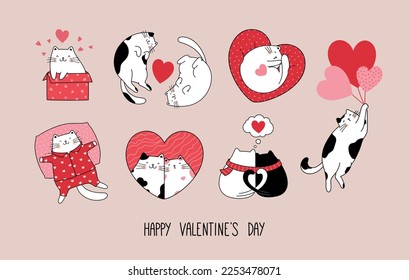 Romantic set of funny cute cats in love. Vector design concept for Valentine's day. Character illustration cartoon style.