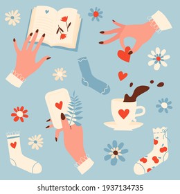Romantic set. Graceful hands with manicure. Hearts and love. Feminine design elements vector flat. Calm colors. Illustration for postcards, posters, stickers, social networks.