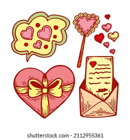 Romantic set, heart with a bow, on a stick, in a bubble. Love card in a paper envelope. Decoration elements for the holiday party. Hand drawn line vector illustration in doodle style.