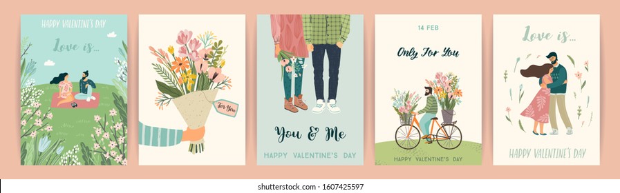 Romantic set of illustrations with man and woman. Love, love story, relationship. Vector design concept for Valentines Day and other users.