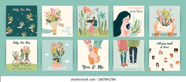 Romantic set of illustrations with man and woman. Love, love story, relationship. Vector design concept for Valentines Day and other users.