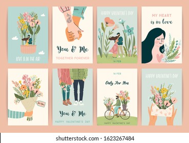 Romantic set of illustrations with man and woman. Love, love story, relationship. Vector design concept for Valentines Day and other users.