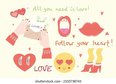 Romantic set of illustrations with man and woman. Love, love story, relationship. Vector design concept for Valentines Day