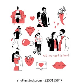 Romantic set of illustrations with man and woman. Love, love story, relationship. Vector design concept for Valentines Day