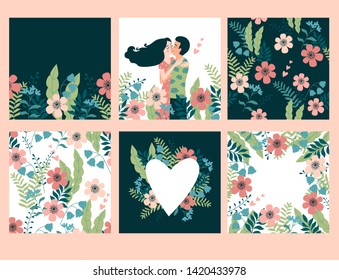 Romantic set of illustrations and patterns. Vector design for Valentines Day and other.