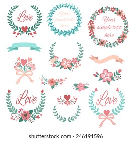 Romantic set with labels, ribbons, hearts and flowers 