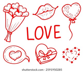 Romantic set Love. Hand drawn doodle. Bouquet, box of chocolates, balloon heart. Valentine's day. Vector line art illustration.