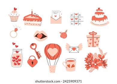 Romántico conjunto de artículos de amor carta, llave, pastel, regalo. Ilustración vectorial aislada. Aero globo, labios, tarro con corazón, tic toe juego doodle, flores, taza, anillo - elementos románticos para tarjeta de San Valentín. 