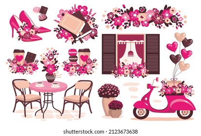 Romantic set: motorcycle, flowers, window, coffee, shoes, cafe. Vector clipart.