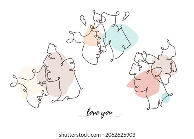 Romántico conjunto de carteles de una línea con un estilo minimalista de moda, dibujando dos caras. Beso abstracto, afiche de línea contínua romántico de estilo moderno con silueta de pareja de besos. Ilustración del vector