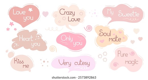 Romantic set of pastel colored speech bubbles featuring handwritten love themed phrases. Decorated with hearts, flowers, and swirls, perfect for Valentine s Day cards, romantic designs, social media