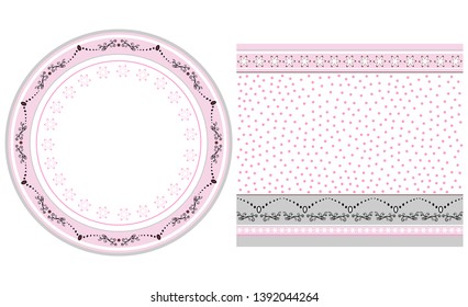 Romantic set of patterns for decorating dinner sets. Receptions for the arrangement of circular ornament for plates and a pattern for cups and teapots. Vector with pink gray and white elements.