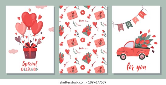 
Romantic set of postcard in gentle colors. Cute retro waggon delivering flowers. Gift box with heart shape balloons. For Valentines Day, birthday. Vector design love concept for cards, banner