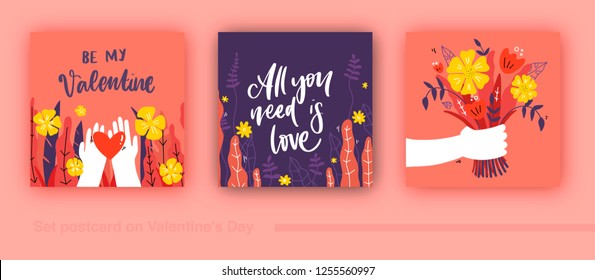 Romantic set of postcard. Love, Valentines Day. Vector design concept for Valentines Day and other users.