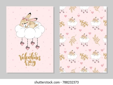 Romantic set. Postcard Valentine's Day with cute bunnies. Inscription. Vector illustration.