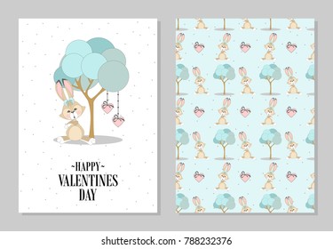Romantic set. Postcard Valentine's Day with cute bunnies. Inscription. Vector illustration.