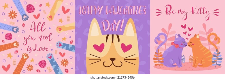 A romantic set of postcards. With love, Valentine’s day, 14 february, cute lovely cat pictures for a gift. Love quotes