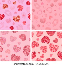 Romantic set of seamless patterns with hearts. Vector illustration