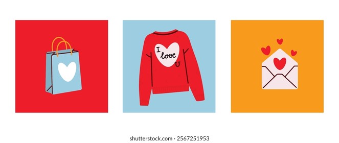 Romantic set with a shopping bag with a heart, a cozy red sweater with "I love you," and an envelope with hearts