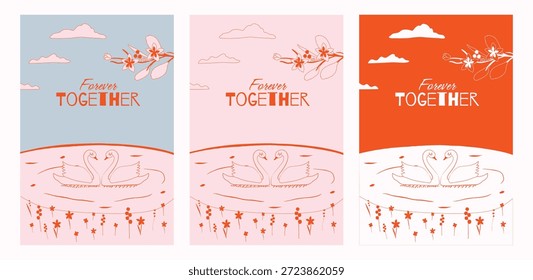Ein romantisches Set mit drei Valentinstag-Grußkarten in eleganten Duoton-Farbvarianten. Minimalistische Doodle-Illustration mit zwei Schwänen auf einem See, weichen Wolken darüber, blühenden Zweigen und zarten Wiesenblumen