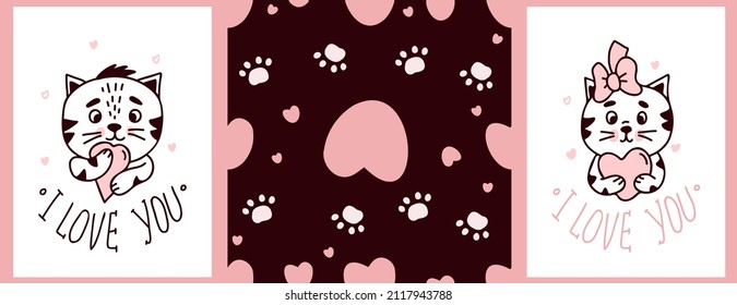 Romantic Set of two valentine cards with cute cats boy and girl with hearts with text - I love you and Seamless pattern with pink hearts and cat footprints on burgundy background. Vector illustration