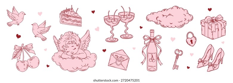 Conjunto romântico para Valentines Day. Anjo cupido na nuvem, pássaros, bolo, vinho de cereja, corações e arco. Ilustração de vetor plano.