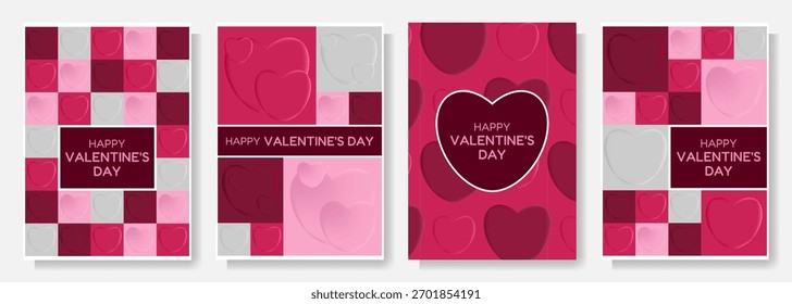 A romantic set of Valentine's Day posters in elegant red,gray, and white tones in a mosaic style.Perfect for decorating cafes,stores or social media,to create an atmosphere full of love and tenderness