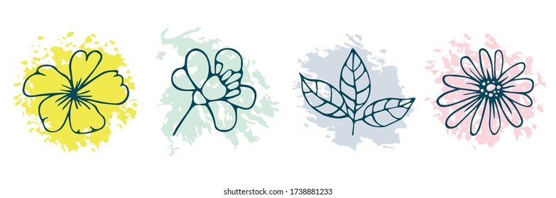 Conjunto romántico de flores vectoriales sobre un fondo textural colorido. Diseño moderno de tarjetas. Diseño de invitación.