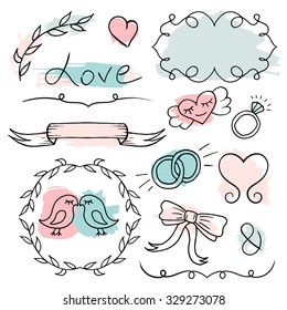 Romantic set. Vector hand drawn elements. Love story text. Sketch frames with colorful splash background.