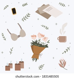 Ilustración vectorial de conjunto romántico. Bouquet, sostén, taza de café, letras, velas, teléfono y hojas sobre un fondo claro. Cartel del día de San Valentín. Regalos de vacaciones para la mujer. Cosas tontas. Concepto de fecha y hora